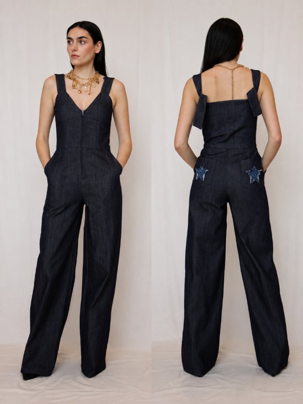 ESKM Collection Jocelyn Denim Jumpsuit Dark Blue Star Pockets XS